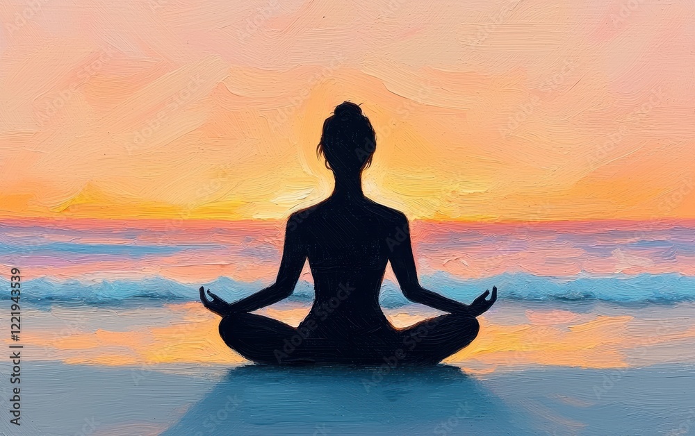 Silhouette of Woman Meditating at Sunset on a Peaceful Beach Silhouette of Woman Meditating at Sunset on a Peaceful Beach