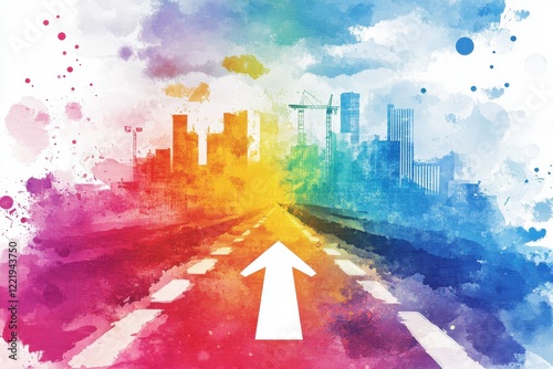 A vibrant watercolor illustration of a road leading towards a colorful skyline, symbolizing progress and a bright future.
