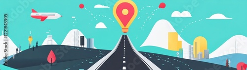 A vibrant illustration of a winding road leading towards a location pin, surrounded by mountains, trees, and an airplane in a colorful sky.