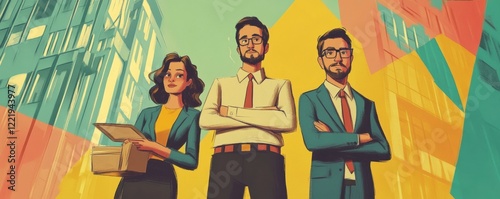 A vibrant illustration featuring three confident professionals standing in an urban environment with a colorful backdrop. photo