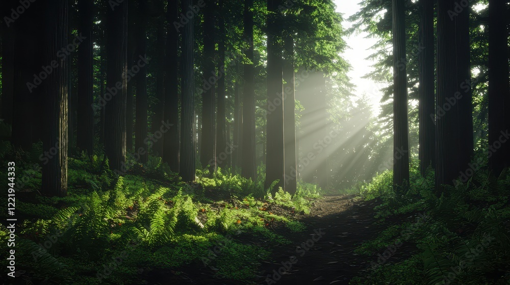 Fototapeta premium Sunbeams Illuminating a Misty Forest Path