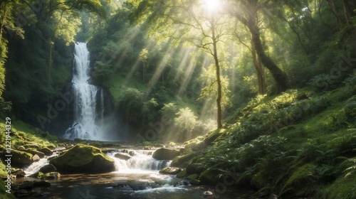 A cascading waterfall surrounded by lush green foliage, sunlight streaming through the leaves and casting playful patterns on the forest floor.