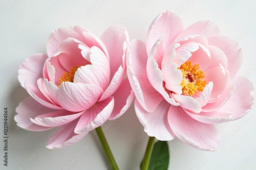 Fototapeta premium Peony blooms in soft pastel shades on a pure white surface, soft pastels, peony, pale pink