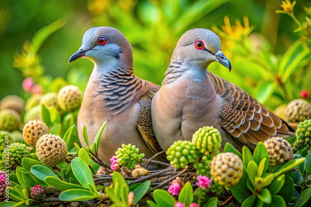 Obraz premium Adorable Crested Turtledoves (Geopelia striata) Building Nest on Wild Plant Branch