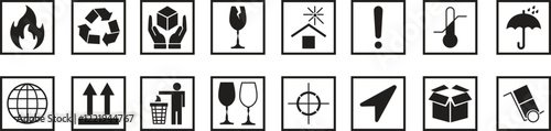 Fragile packaging icons set. Delivery shipping vectors. Handle with care, Keep away from water, fragile box, Handling, packing, step on, side up black illustration isolated on transparent background.