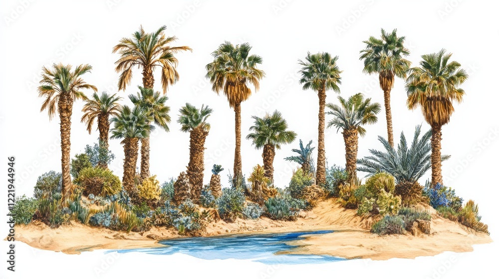 Fototapeta premium Tropical Oasis with Palm Trees and Sandy Beach Scene
