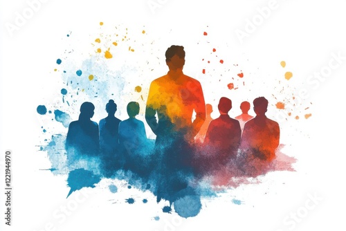 A colorful watercolor depiction of a leader standing out among a group of followers, symbolizing guidance and inspiration.