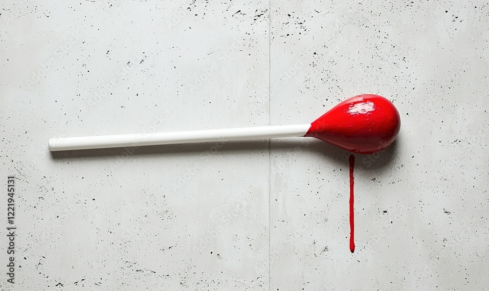 Red liquid dripping from white spoon on gray background, minimalism, food concept Red liquid dripping from white spoon on gray background, minimalism, food concept