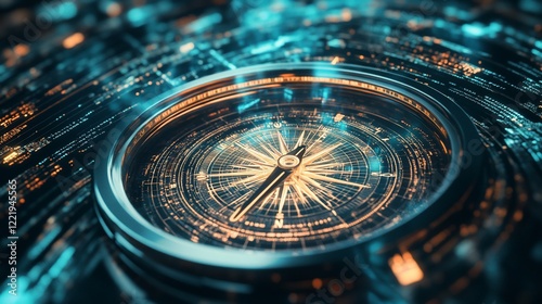 A luminous compass sits amidst a digital sea of code and light illuminating its path