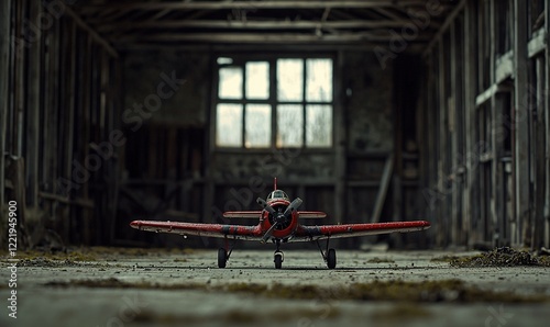 Wallpaper Mural Red model airplane in abandoned hangar, nostalgic scene, ideal for history or hobby projects Torontodigital.ca
