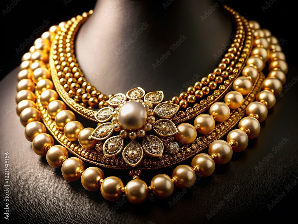 Luxurious Pearl and Gold Necklace on Black Velvet