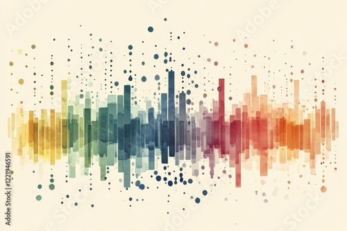 A colorful soundwave illustration with vertical bars and dots, depicting a vibrant spectrum of sound in an artistic manner.