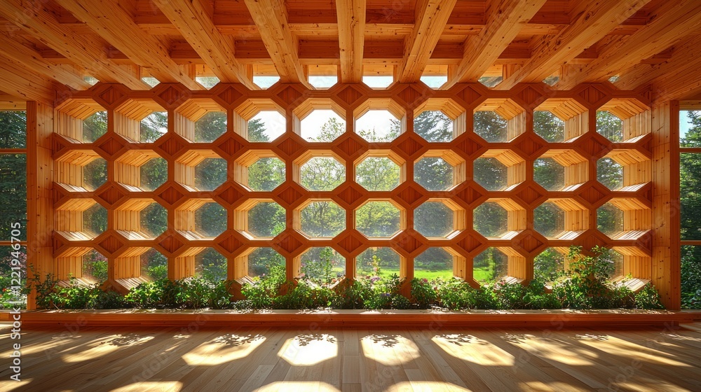 Naklejka premium Honeycomb Window: A Wooden Architectural Marvel