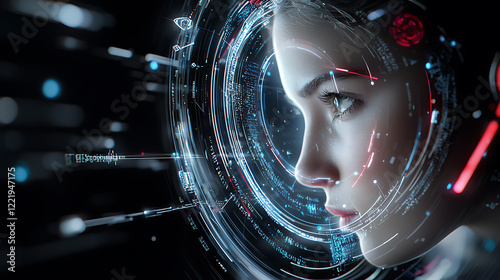 Futuristic digital portrait of a female cyborg virtual reality illustration sci-fi environment side view human-machine interaction