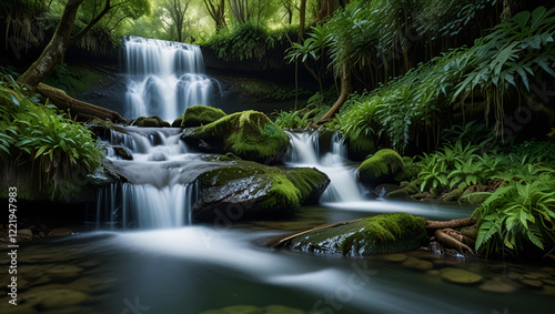The waterfall flows clear through a beautiful forest that is calm and natural