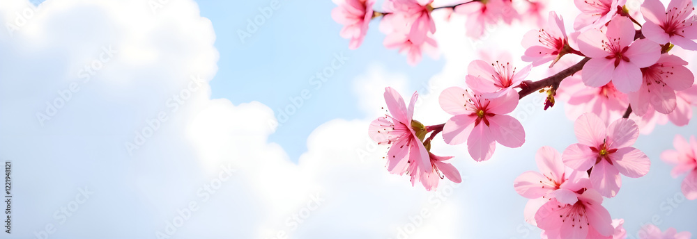A breathtaking closeup view of pink sakura cherry blossoms beautifully blooming under a bright blue, clear sky