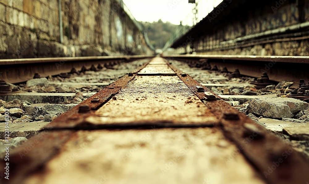 Fototapeta premium Rusty railway tracks converging into the distance, urban setting, evokes travel and journey themes