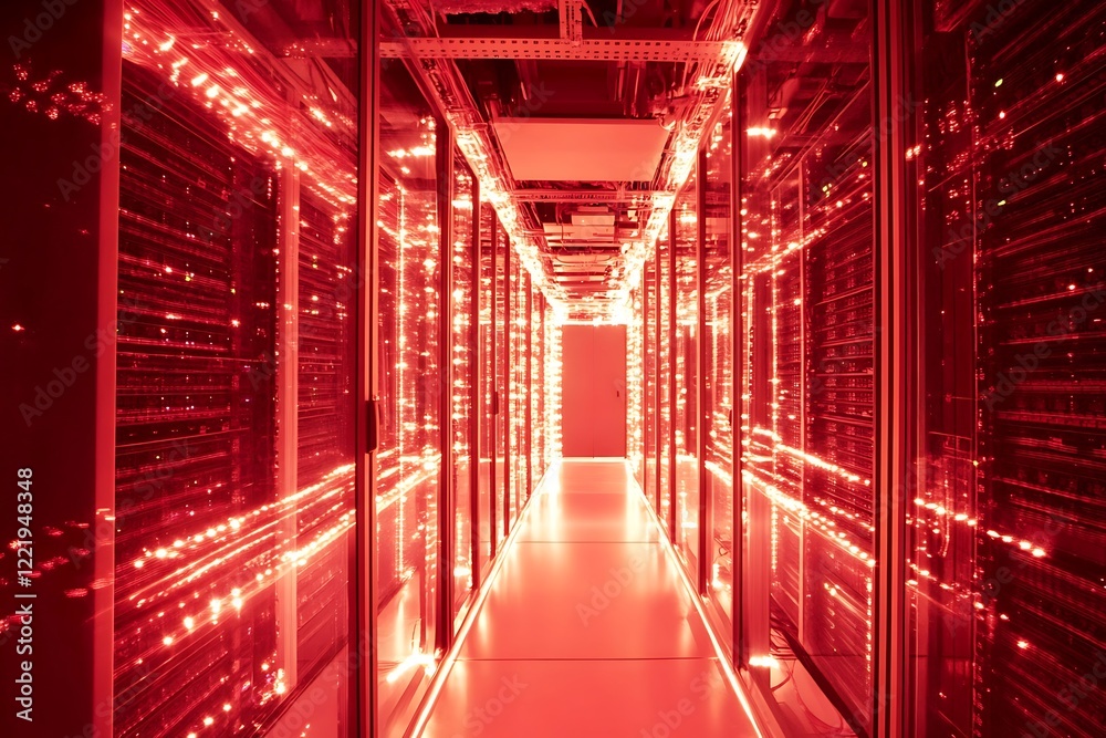 Fototapeta premium A long corridor in a data center, lit with red lights, showcasing rows of server racks in a modern and technological environment.