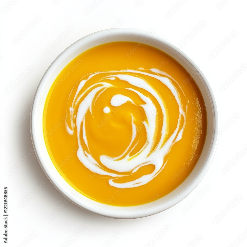 Obraz premium A bowl of creamy butternut squash soup with a swirl of cream, isolated white background, minimalist art style