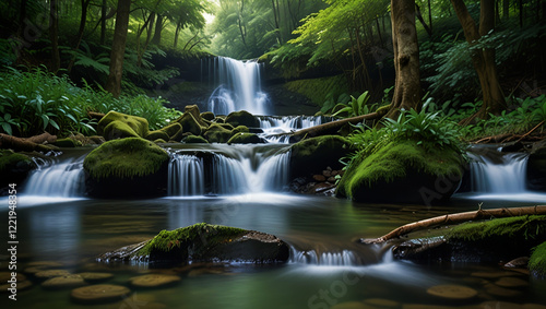The waterfall flows clear through a beautiful forest that is calm and natural