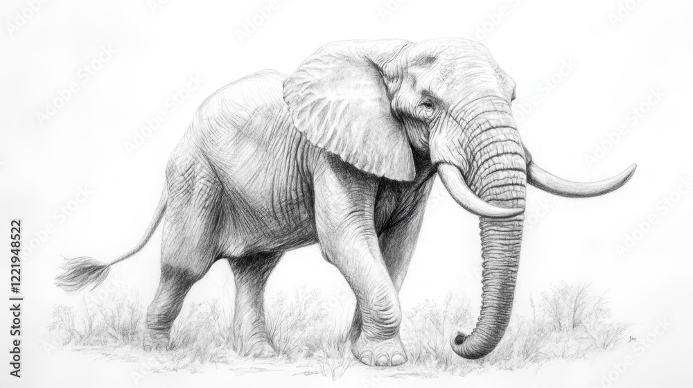 Naklejka premium Detailed Elephant Sketch in Black and White on a Clean Background