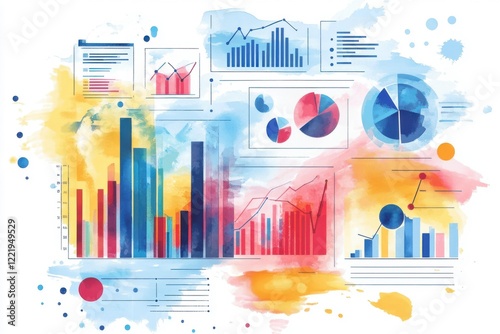 A vibrant watercolor illustration showcasing various data visualizations, including bar graphs, pie charts, and line charts, against a colorful background.