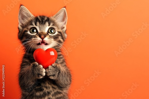 Marketing visual idea art. Cute donskoy baby feline cub with diamond red heart - emblem of love, funny greeting card. Donskoy - my cherished cat. Kitten cuddling heart. Red theme cat. photo