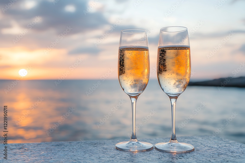 Romantic beach lifestyle celebrating sunset with sparkling drinks and tranquil vibes Romantic beach lifestyle celebrating sunset with sparkling drinks and tranquil vibes