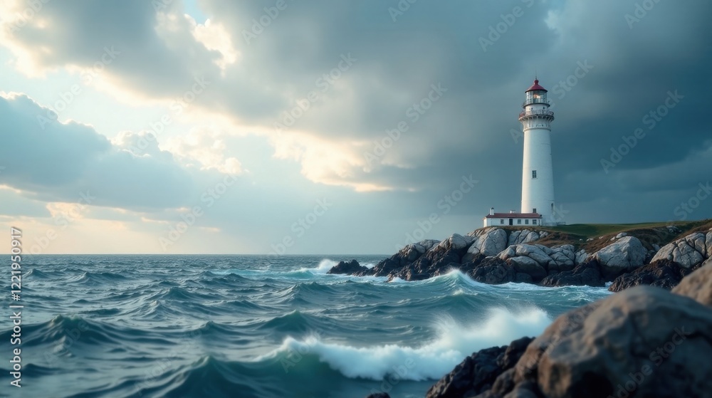 A solitary beacon stands tall amidst a tempestuous ocean, its light a steadfast symbol against the raging waves and brooding sky. A solitary beacon stands tall amidst a tempestuous ocean, its light a steadfast symbol against the raging waves and brooding sky.