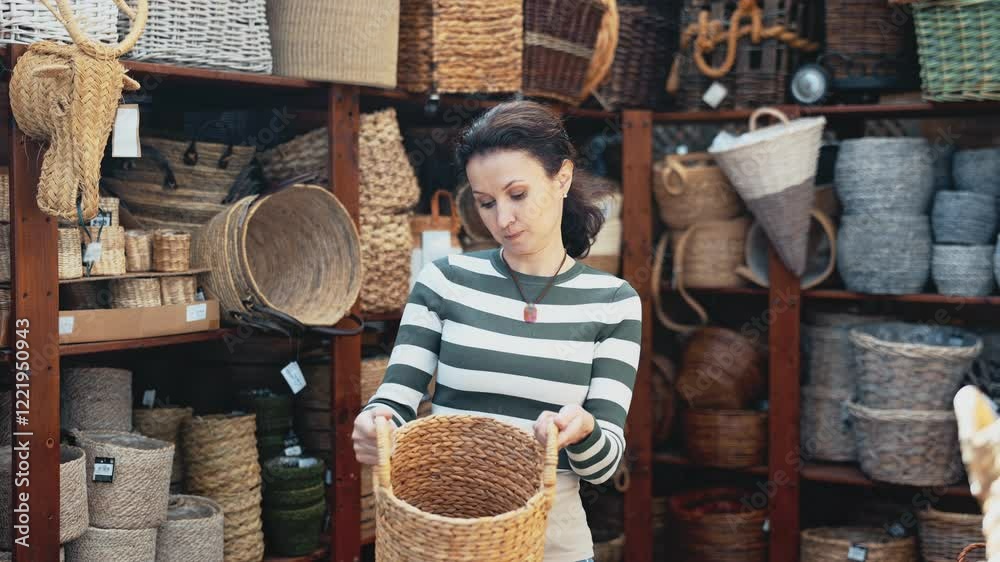 Adult woman shopper choosing wicker basket in store