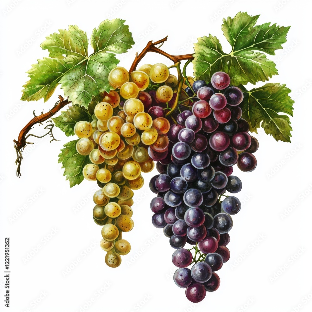 Fototapeta premium Vibrant Bunches of Fresh Grapes with Leaves in Various Colors for Culinary Inspirations and Healthy Food Choices