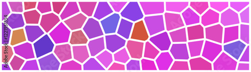 A vibrant mosaic of irregular polygons in shades of pink, purple, and red, separated by white outlines, creating a colorful and dynamic abstract pattern.

