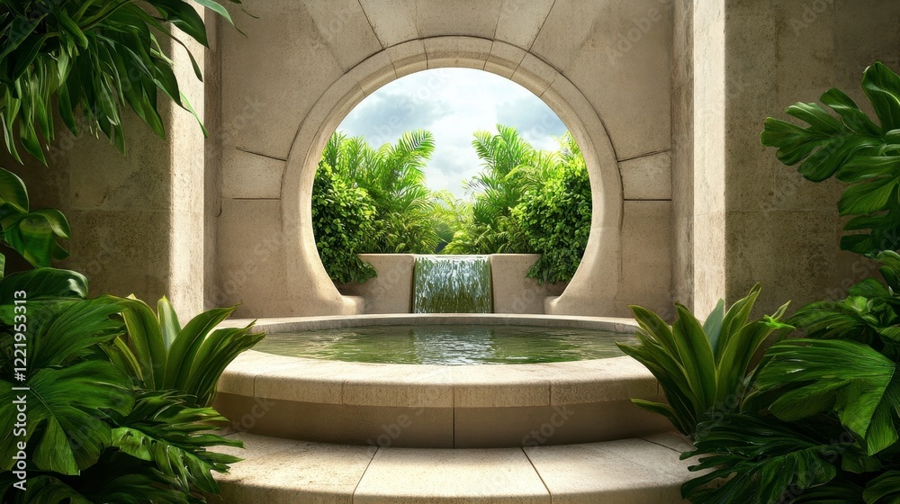 Fototapeta premium Serenity in Nature with Tranquil Waterfall and Lush Green Foliage