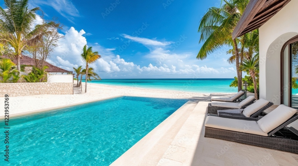 Fototapeta premium Serene Tropical Paradise with Pool and Ocean View in Daylight