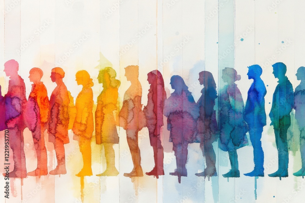 Naklejka premium A vibrant watercolor illustration depicting a diverse line of people, showcasing unity and individuality through colorful silhouettes.
