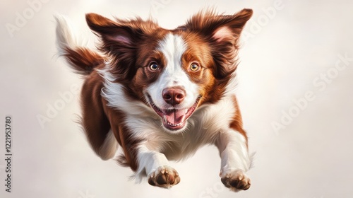 A friendly border collie in mid-jump on a white background, caught in a playful action pose photo