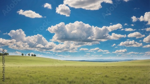 An expansive meadow stretching under a radiant blue sky, its grasses dancing in the gentle breeze.