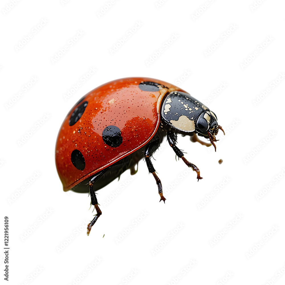 Fototapeta premium A detailed close-up image of a ladybug in flight against a black background, highlighting its vibrant colors and markings.