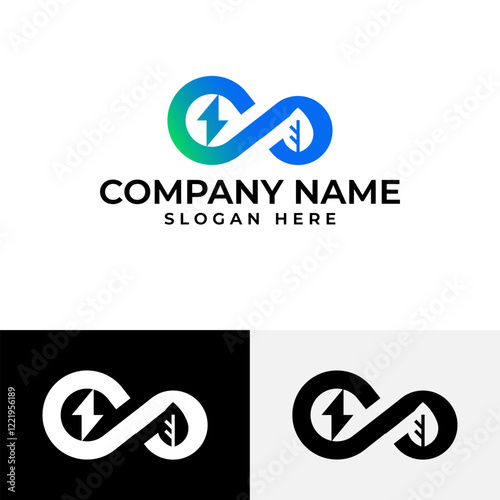 A dynamic logo featuring an infinity symbol incorporating a lightning bolt and a leaf. This design symbolizes sustainable energy, endless possibilities, and the balance between technology and nature.