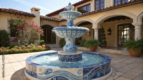 Three-Tiered Fountain with Azulejo Tiles in Mediterranean Courtyard