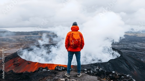 A lone traveler stands at the edge of a dramatic volcanic crater with plumes of steam rising into the overcast cloudy skies above photo