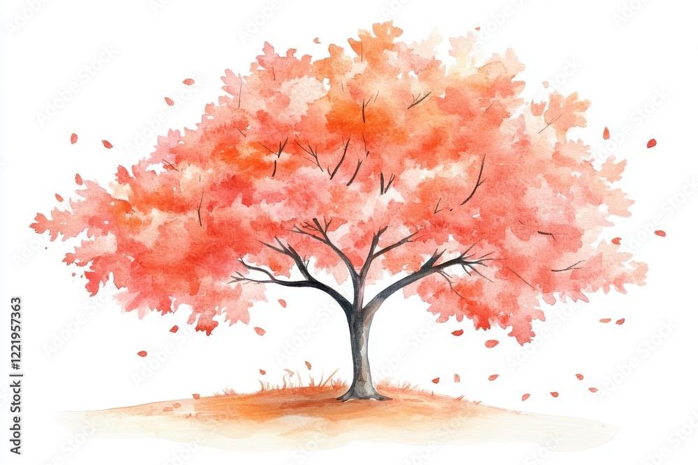 Obraz premium A vibrant watercolor illustration of a pink autumn tree, with falling leaves capturing the essence of nature's beauty during the fall season.