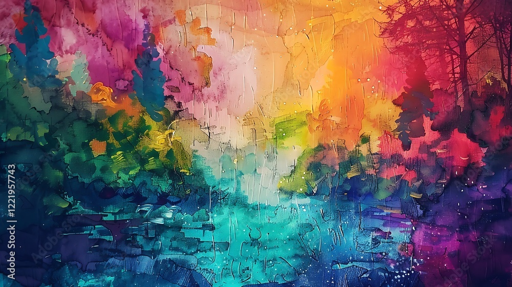 Obraz premium A vibrant Picsart background with layered textures resembling a watercolor painting in bright and cheerful colors, 8k UHD, suitable for high-quality printing or digital display.