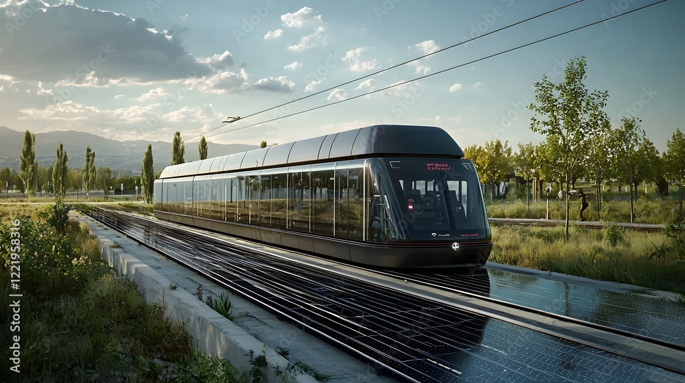 Naklejka premium Autonomous public transportation vehicles running on solar powered rail infrastructure in a scenic countryside landscape with reflective tracks blue sky and clouds