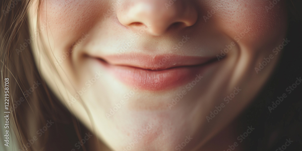 Obraz premium Close-Up Portrait of a Smiling Young Woman with Natural Makeup and Soft Lighting Capturing Genuine Expression of Happiness and Joy