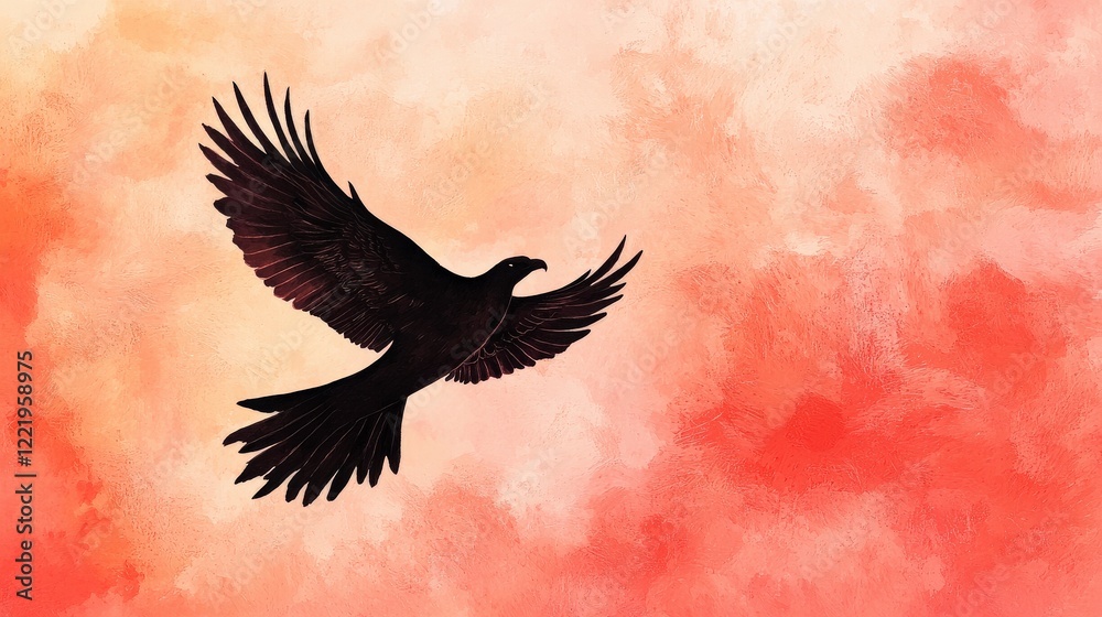 Fototapeta premium Black bird soaring against vibrant gradient background of orange and pink hues illustrating freedom and beauty