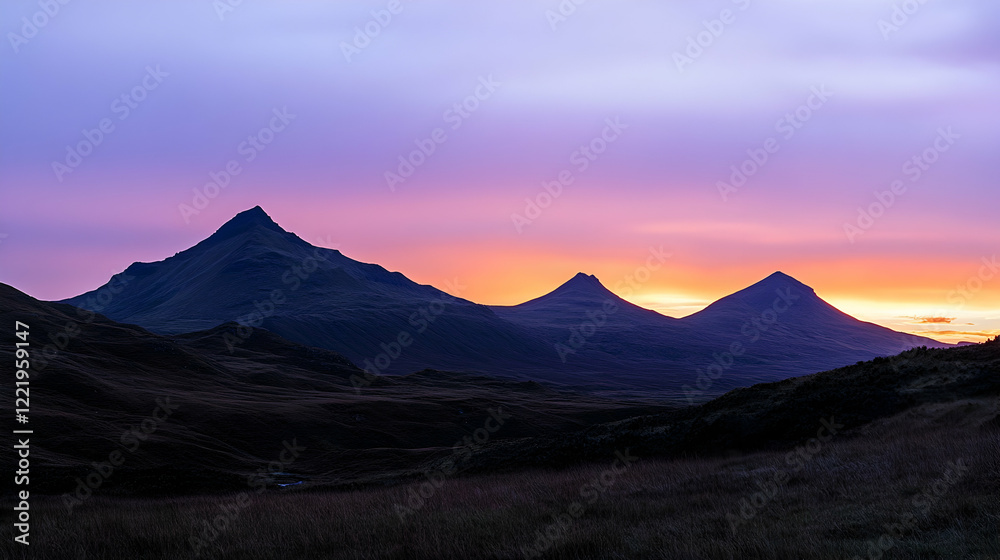 Sunset over three majestic peaks in highlands Sunset over three majestic peaks in highlands