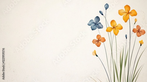 Colorful Floral Arrangement with Blue and Orange Flowers on Cream Background for Nature and Design Projects