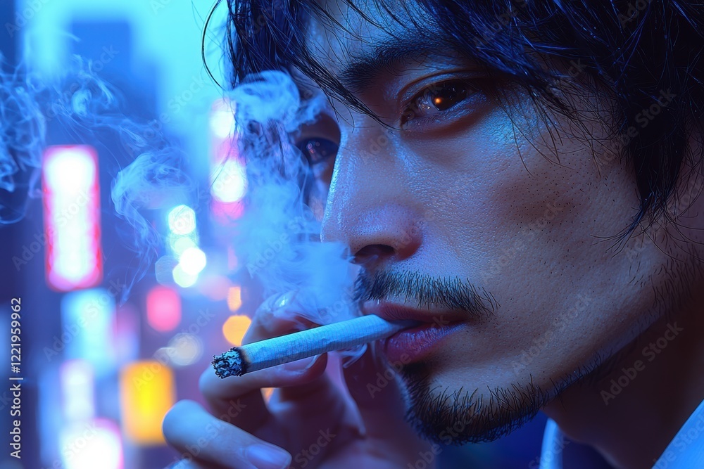 Fototapeta premium A close-up of a contemplative man smoking a cigarette, surrounded by a blue haze and vibrant city lights, capturing a moody urban atmosphere.