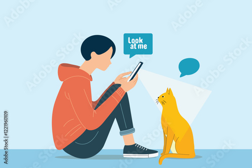 therapy pet animal concept, person sit on floor , use phone to take picture of training cat, mix feeling of love, care, emotion, compassion, business poster , banner